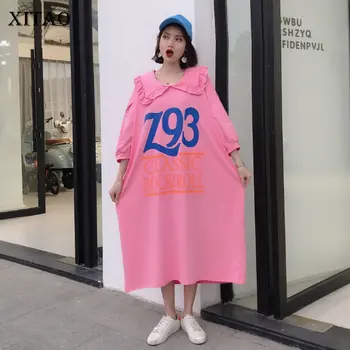 

XITAO Ruffle Letter Pattern Dress Patchwork Print Small Fresh Casual Style Loose 2020 Summer Plus Size Pleated Dress GCC3518