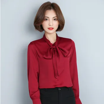 

Spring and Autumn Women's New Bow-tie Collar Solid Color Button Chiffon Shirt