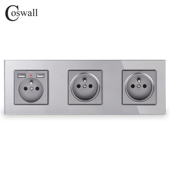 

COSWALL Triple French Standard Wall Socket With 2 USB Charge Port Hidden Soft LED Indicator Crystal Glass Panel Black White Grey
