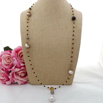 

K091209 30'' White Keshi Pearl Labradorite Onyx CZ Pendant Necklace