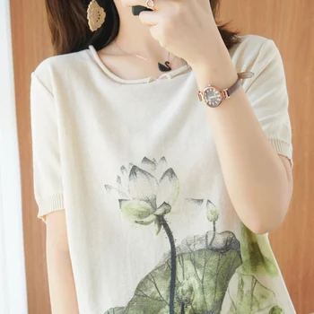 

New cotton and linen knitted T-shirt short-sleeved women's loose casual cotton T-shirt round neck thin section pullover regular