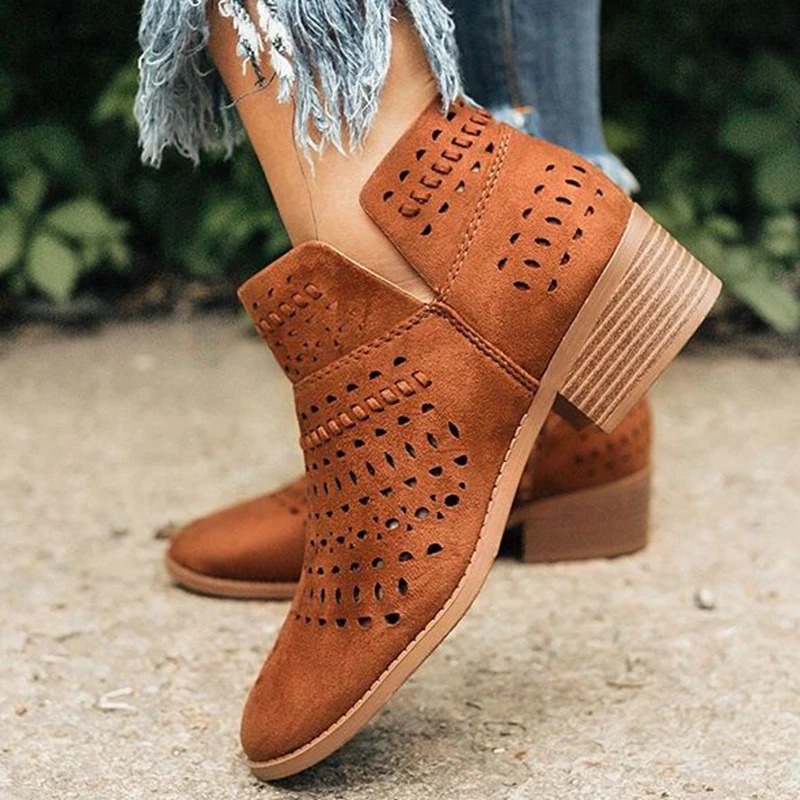 

LOOZYKIT 2019 Fashion Women Boots Spring Autumn Block Low Heel Ladies Booties PU Leather Hollow Out Ankle Platform Shoes