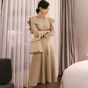 

Winter O-Neck Ruffles Patchwork Knitted Women Cloth Long Sleeved Knee-Length Swing Casual Sweater Solid Dress