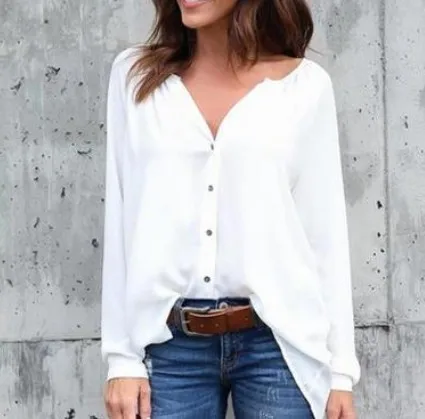 

PUIMENTIUA New Blouse Women Tops Fashion Casual Long Sleeved Loose Zipper Deep V Neck Shirt Bluzki Damskie Blusas Mujer De Moda