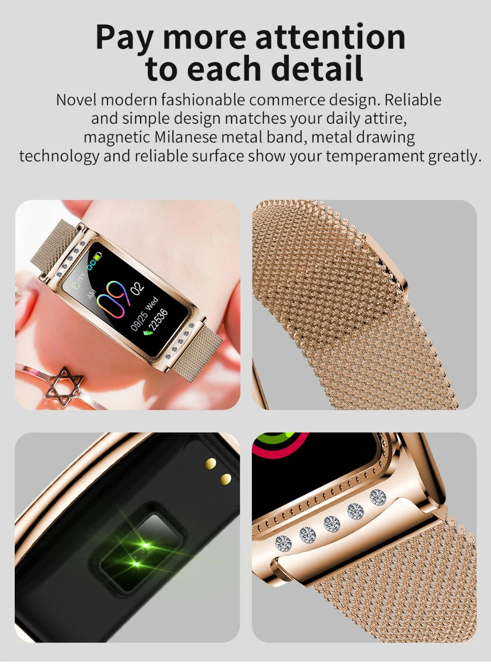 UGUMO Women Smart Watch For Android IOS Heart Rate Measuring Blood Pressure Monitor Women's Bracelet Waterproof Fitness Bracelet