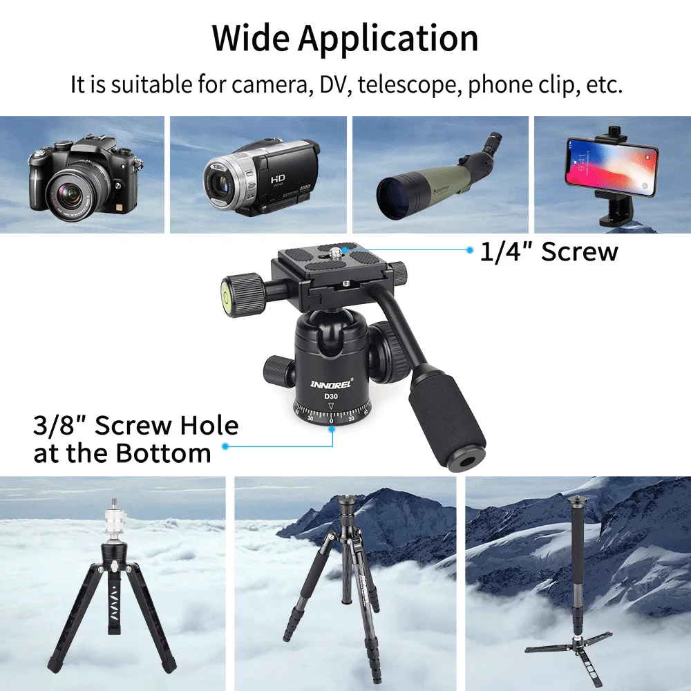 Tripod Ball Head Cold Shoe Ball Head Camera Panoramic Head D30 Ball Head Handle CNC Panoramic Tripod Head Q.R. Plate Camera Mount For DSLR Cellphone Mobile Phone Camcorder Telescope