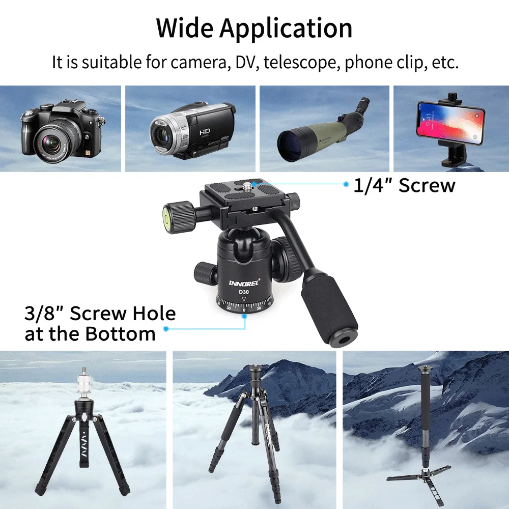 DSLR D30 Panoramic Ball Head with Handle All Metal CNC Ballhead Camera Mount INNOREL Tripod Heads with Two Quick Release Plates and Phone Clip for Monopod Camcorder Telescope，Max Load 22lb/10kg DV 