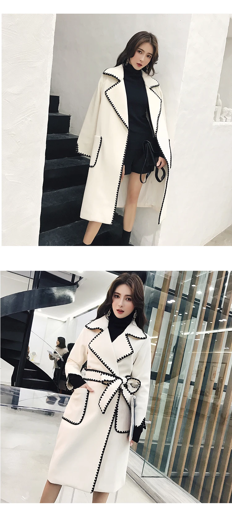 Новая зимняя мода волнистая боковая вышивка длинная куртка пальто для женщин зубчатый длинный рукав толстый карман пояса шерстяная верхняя одежда