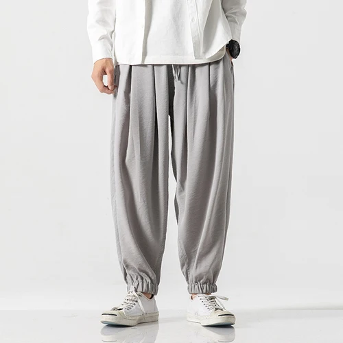Light Grey Мужские льняные брюки цвета хаки, мужские льняные штаны с веревкой, мужские винтажные штаны в стиле хип-хоп, Мужские Беговые брюки в повседневном стиле, брюки до щиколотки - Цвет: Light Grey