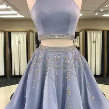 Платья для выпускного вечера,, на заказ, элегантные, из двух частей, украшение на шею, без рукавов, молния сзади, Блестящие кристаллы, реальное изображение, выпускное платье