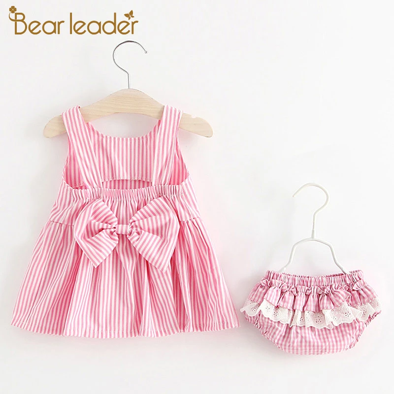 Bear Leader Baby Girls Striped Clothing Sets 2022 New Summer Newborn Boys Bow-knot Dress And Panties Outfit Toddler Cute Clothes Baby Clothing Set cheap