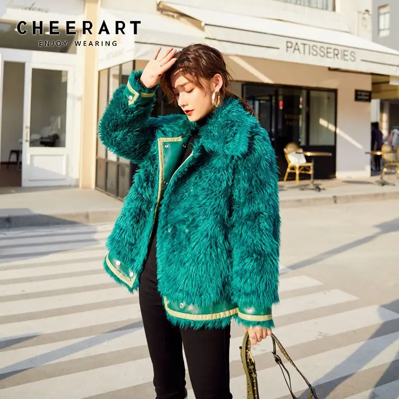 CHEERART зимнее зеленое пальто из искусственного меха Женская куртка овечьей шерсти