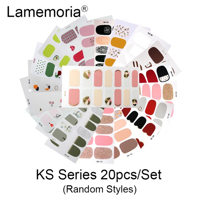 10/20pcs Full Cover Wraps Nail Polish Stickers Strips Plain Nail Art Decorations Stripe Designs Glitter Powder Manicure Tips KS-20pcs random