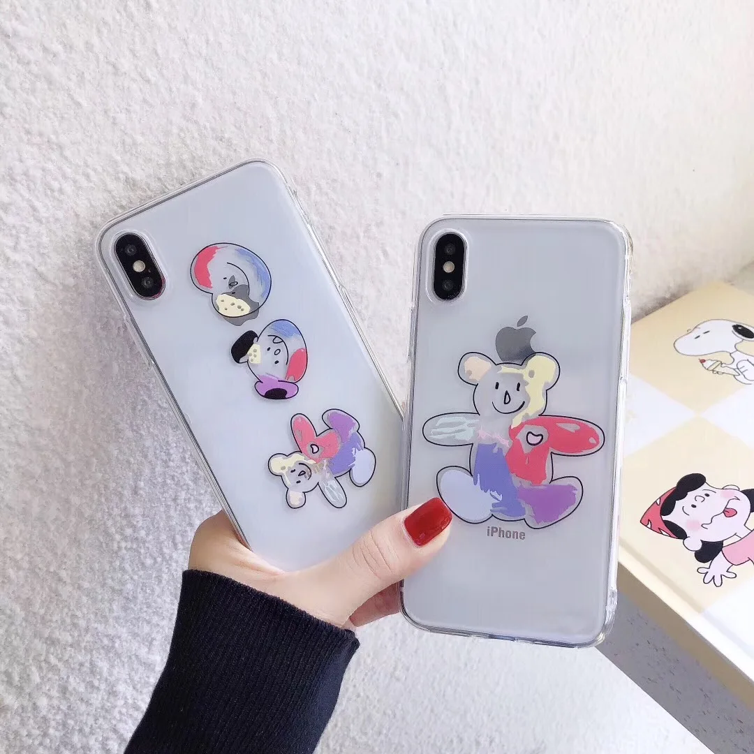 

Cartoon cute hand-painted smiley bear soft plastic phone case for iPhone11 11pro max XR XS MAX x 8 7 6SPlus dustproof soft case