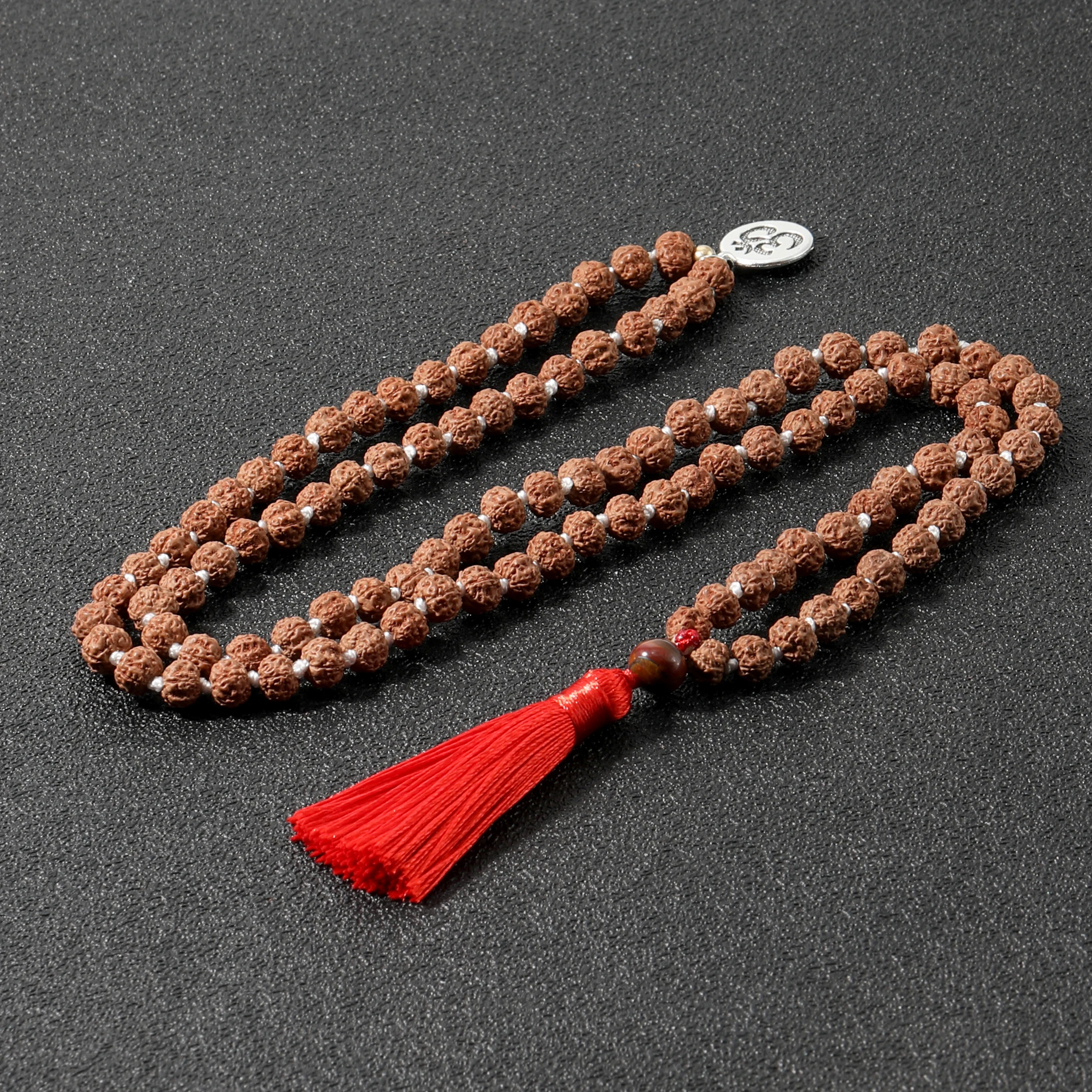 Natural Rudraksha Knotted 108 Mala Bead Necklace Meditation Yoga Declaration Blessing Prayer Red Tassel Pendant Jewelry