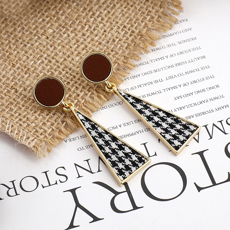 AENSOA Vintage Black White Plaid Cloth Geometric Drop Earrings For Women Alloy Lattice Fabric Statement Earring Trendy Jewelry