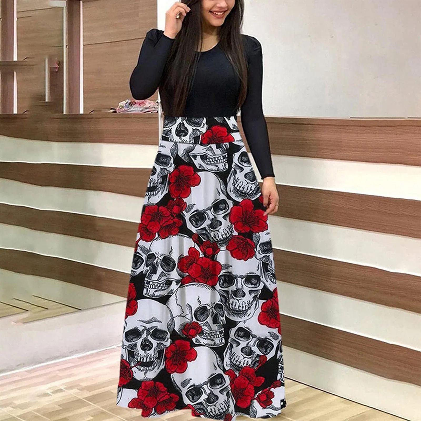 Halloween dresses for Women 2021 Stitching Vintage Print Long Sleeve Loose High Waist Wedding Holiday Party Splice Maxi Dresses 1