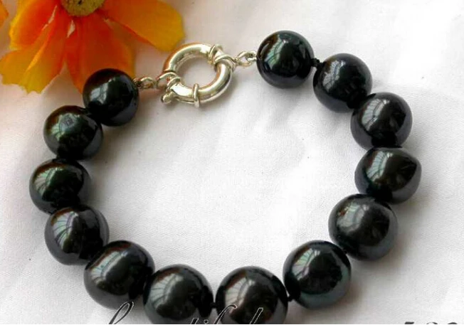 DYY 914++ " 14 мм круглые таитянские черные пресноводный жемчуг браслет 925 серебро