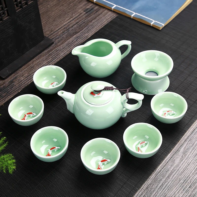 

Longquan celadon colored carp kung fu tea set 3D Celadon ceramics tea set Chinese Cover bowl teapot fish cup set