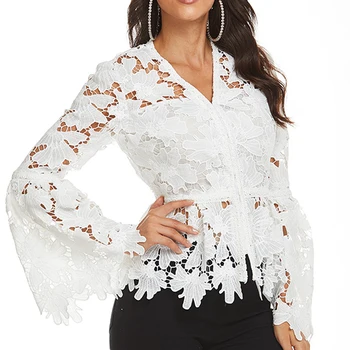 

HIGH STREET Newest Fashion 2020 Designer dress Women's V-Neck Flare Sleeve Lace Embroidery Blouse Top