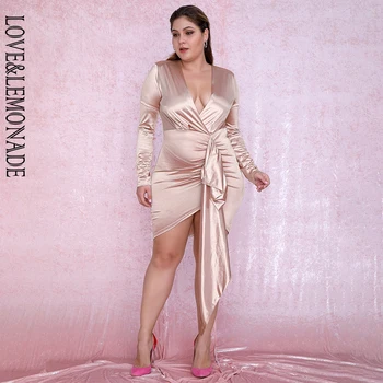 

LOVE&LEMONADE PLUS SIZE Sexy Nude V-Neck Shirring Streamer Decoration Bodycon Party Dress LM81639PLUS