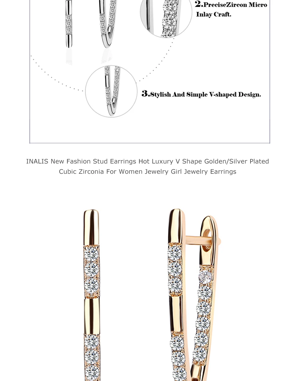 INALIS, новые модные серьги-гвоздики, хит, Роскошные, v-образная форма, Золотой/посеребренный кубический цирконий, для женщин, ювелирное изделие, серьги для девушек