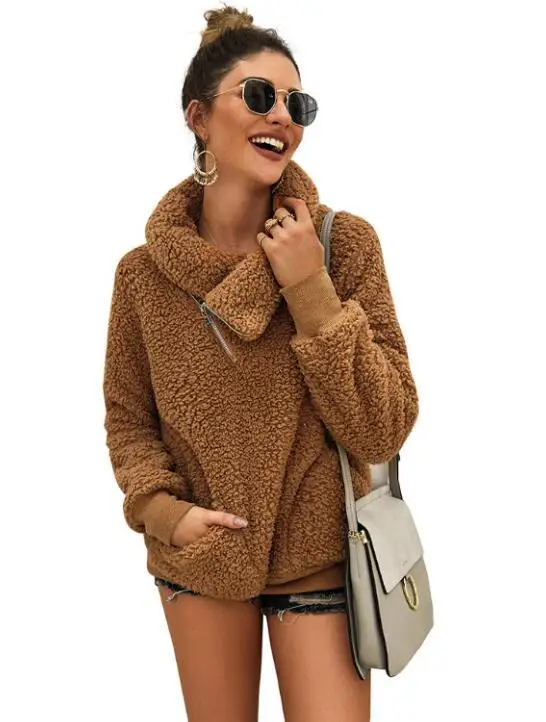Laipelar New Zip Oversize Faux Fur Sweatshirt Winter Women Pullovers Turn Down Neck Long Sleeve Warm Casual Fleece Hoodies