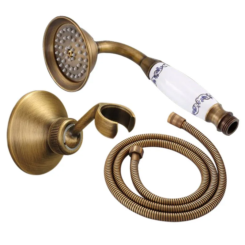 

Vintage Antique Brass Telephone Style Handheld Showerhead with Hose Ceramic Handle Hand Shower Spray