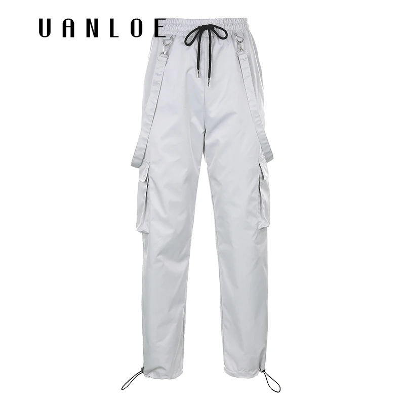 

Pockets Patchwork Women Cargo Pants Street Style Drawstring High Waist Punk Woven Pants Ladies Streetwear Loose Overalls