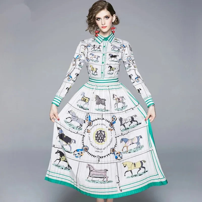 

2019 New Autumn Vintage Horse Pattern Print Dress Female Contrast Colour Striped Long Sleeve Elegant Shirt Long Pleated Dress