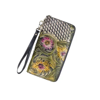 

lady wallet 2020 New Handmade Purse Vintage Genuine Leather Floral Long Cowhid Women Clutch Wallets Hand clutchbag