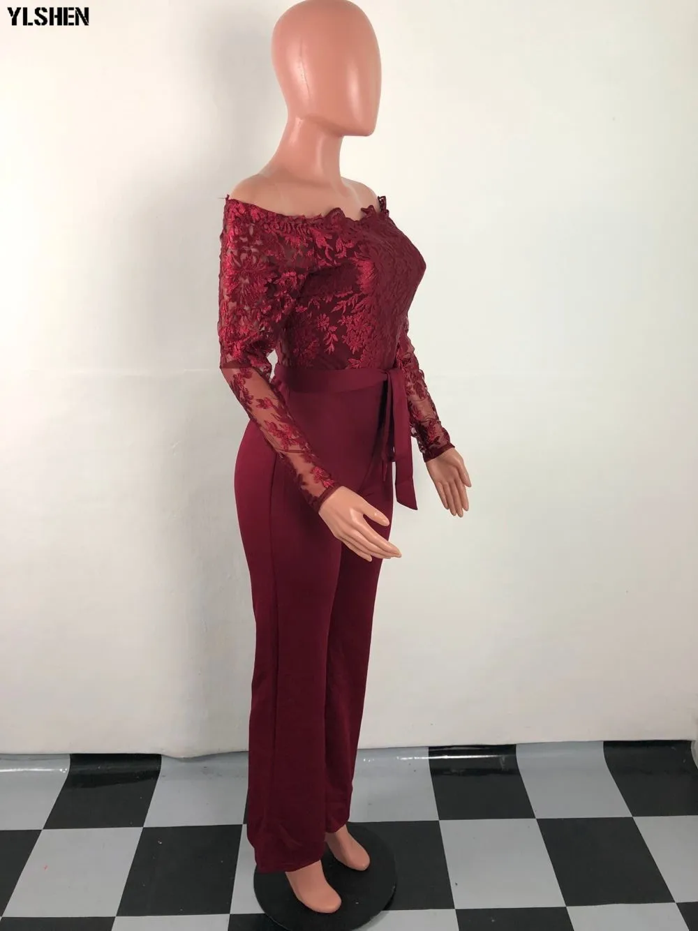 Women Jumpsuit Sexy Lace Ladies Jumpsuits Party Casual Wide Leg Overalls Off Shoulder Long Sleeve Romper Skinny Rompers Trousers 34
