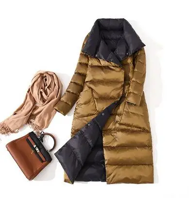 Женский Двухсторонний пуховик, длинная куртка, зимнее ультра легкое пуховое пальто, двубортное женское пуховое пальто, зимняя верхняя одежда - Цвет: gold