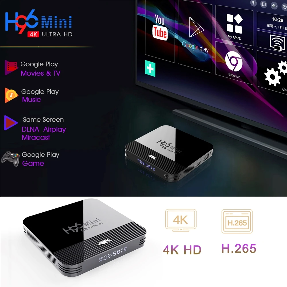 Android 9,0 H96 мини H8 беспроводной IPTV Box H.265 4K телеприставка Rockchip 3228A 2 Гб ram 16 Гб Google голосовой помощник Youtube