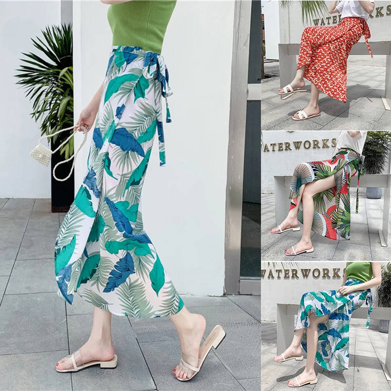 Women Bohemian Lace-up Sunscreen Skirt Irregular Split Bag Hip Various Wearing Floral Print Chiffon Holiday Long Skirt