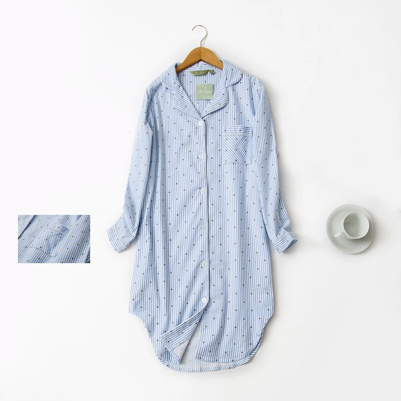 Осенние женские пижамы, ночная рубашка с длинными рукавами, хлопок, свежие и простые пижамы, женские пижамы, ночная рубашка - Цвет: Небесно-голубой
