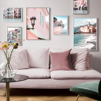 

Wall Art Canvas Painting Nordic Poster Pink Building Beach Landscape Posters And Prints Wall Pictures For Living Room Home Decor