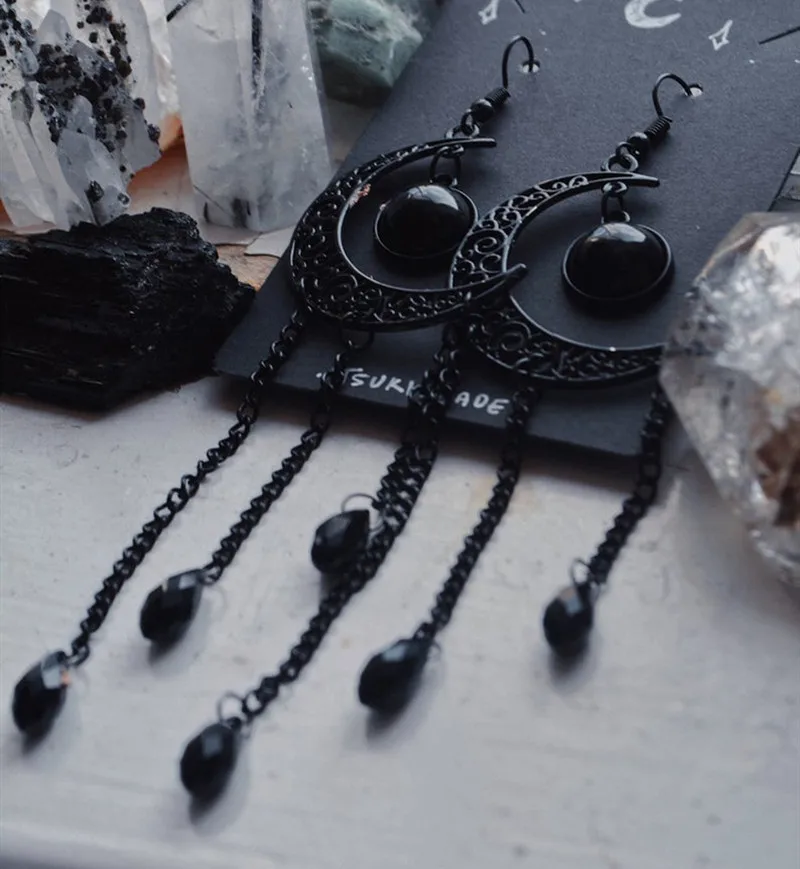 Dangle Earrings Onyx Moon Variant Black Dangle Moon Drop Earrings Crystal Pai drop earrings dangle earrings