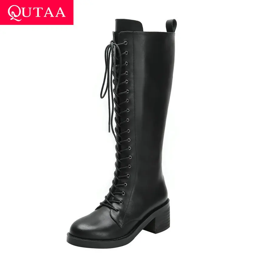

QUTAA 2020 Round Toe Lace Up Zipper Women Shoes Autumn Winter Cow Leather PU Fashion Square High Heel Knee High Boots Size 34-42