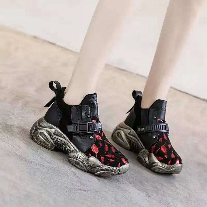 New Style Sport High Help Height Increasing Fashion Women Running Shoes Cow Suede Outdoor Casual Black Ladies Sneakers - Color: Red