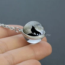 Волк фото Тибет серебро Античная цепь кулон с неогранённым стеклом дизайн двухстороннее ожерелье со стеклянным шариком