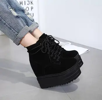 

Womens Lace Up Wedge High Heel Ankle Boots Platform Suede Leather Casual Shoes Super High 14cm Black C605