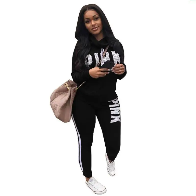 New Slim Letter Print Two Piece Set Sportswear Tracksuit Women High Neck Conjunto Feminino Sweatshirt Set Outfits