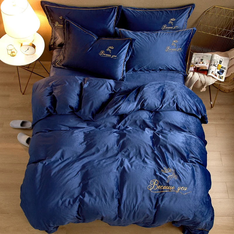 

Winter thick bedding set solid color Embroidery 4pcs/set Queen King size duvet cover set No filler 2019 bed set Free shipping