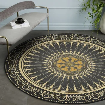 

Black gold color American retro carpet Bohemian national style round floor mat plush non-slip living room door mat bedroom rug