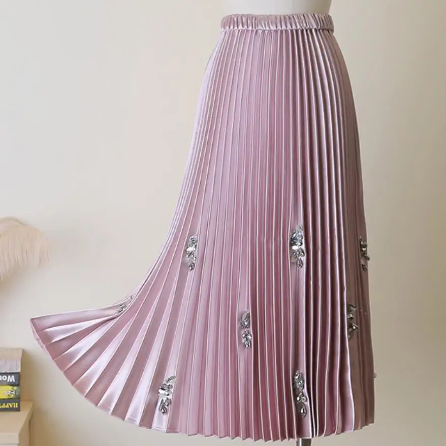 Весна Осень Новая модная юбка с бисером Женская эластичная высокая талия до середины икры плиссированная юбка