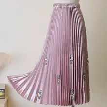Весна Осень Новая модная юбка с бисером Женская эластичная высокая талия до середины икры плиссированная юбка