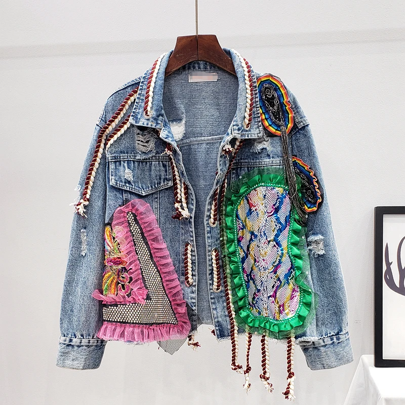 

Autumn Women Streetwear Patch Denim Bomber Jacket Female Personality Short Diamonds Jacket Tassel Jean Coat Jaqueta Feminina