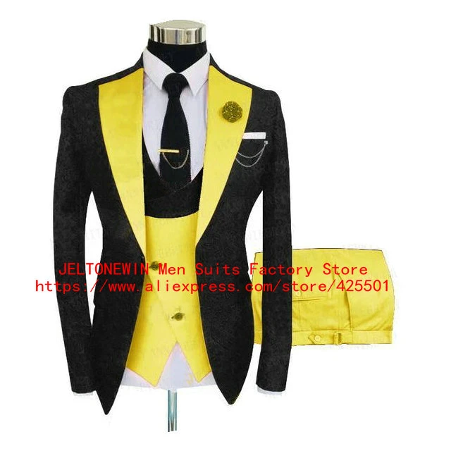 Men's Suit Yellow Jacket Black Pants Double Breasted Groom Tuxedos Wedding  Prom