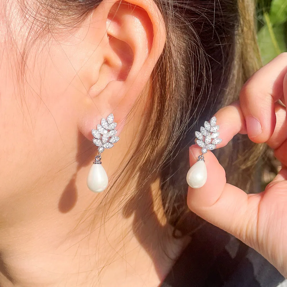 Shiny Cubic Zirconia Pave Leaf Shape Dangling Pearl Non Pierced Ear Clips Earrings For Women ear clip earrings,clip earrings,ear clip,ear accessories